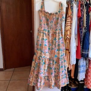 The Impeccable Pig Floral Smocked Tie Shoulder Ruffle Maxi Midi Dress Large
